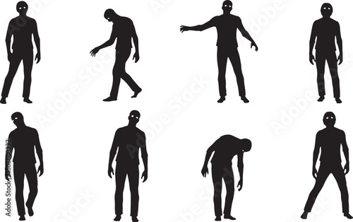 Silhouettes of figures in various poses human standing, silhouette, figures, human, poses, standing, walking, bending, arms outstretched, black, white, isolated, graphic, illustration, horror, zombie,
