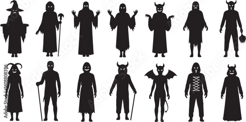 Spooky figures with assorted costumes silhouette halloween, silhouette, halloween, costume, spooky, scary, ghost, witch, devil, demon, monster, creature, fantasy, dark, black, white, illustration, cha