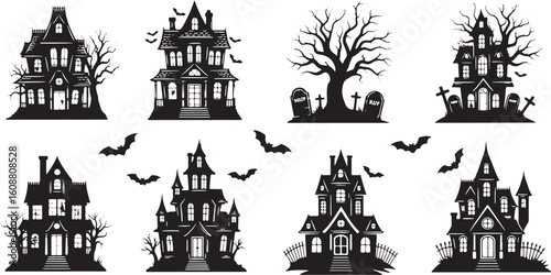 Spooky haunted houses and bats gothic silhouette, haunted house, spooky, gothic, silhouette, bats, graveyard, tombstones, halloween, creepy, eerie, dark, vintage, spooky tree, scary, night, illustrati