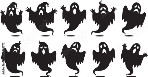 Spooky ghost silhouettes with expressive faces halloween, ghost, spooky, halloween, black, white, silhouette, scary, creepy, cartoon, illustration, character, design, graphic, icon, symbol, creature, 
