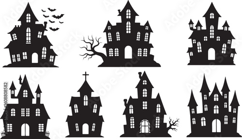 Spooky haunted houses and flying bats halloween silhouette, halloween, haunted house, spooky, bats, silhouette, architecture, scary, creepy, gothic, night, dark, illustration, vector, design, celebrat