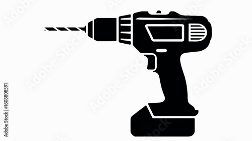 Clean black silhouette of a cordless electric drill on a white background for design projects