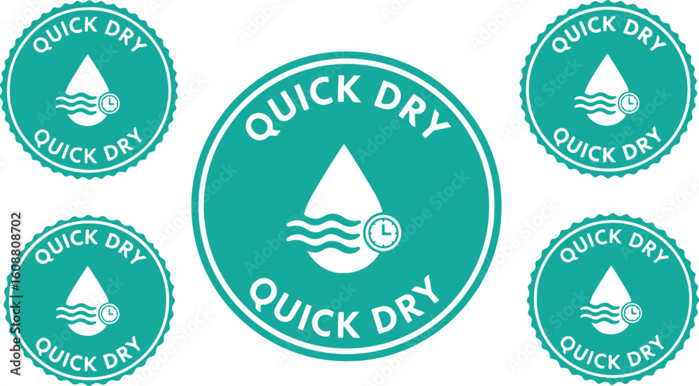Obraz premium Teal circular emblem with water drop and clock badge, teal, circular, emblem, badge, water drop, waves, clock, quick dry, fast drying, speed, efficiency, indicator, symbol, graphic, design, clean, mod