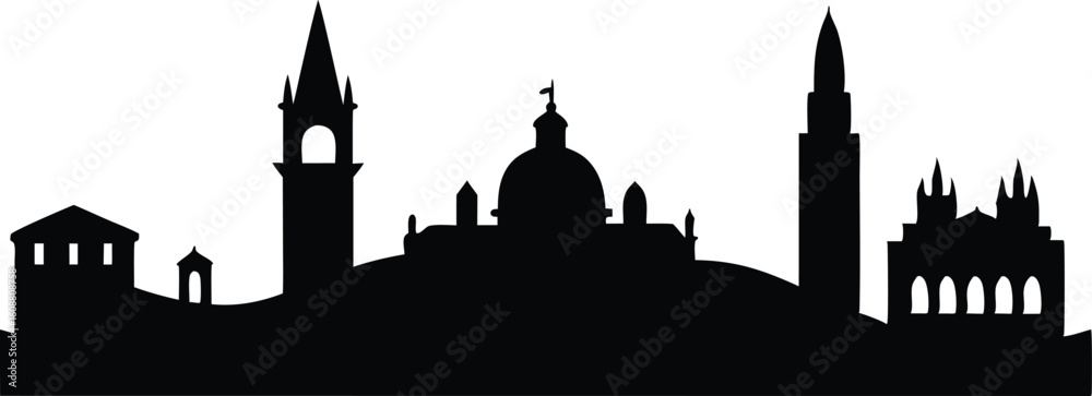 Obraz premium Venice Italy Skyline Silhouette at Sunset, Silhouette of Venice Skyline with Canal and Gondola Vector Illustration