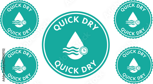 Teal circular emblem with water drop and clock badge, teal, circular, emblem, badge, water drop, waves, clock, quick dry, fast drying, speed, efficiency, indicator, symbol, graphic, design, clean, mod
