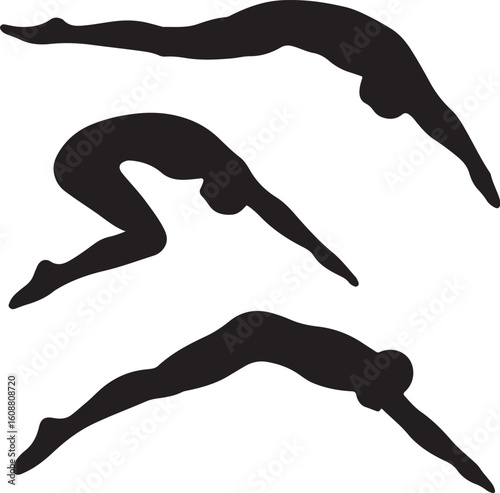 Set of three diver diving silhouette design vector art illustration