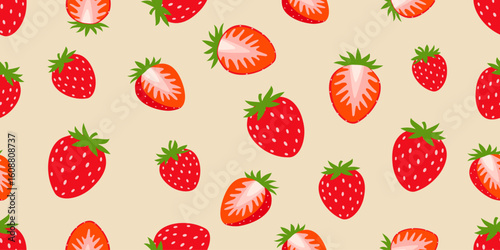 Red strawberries and slice seamless pattern, fresh strawberry pattern on  light yellow background. Cute vector illustration background  design for wallpaper, web pages, textures, textiles