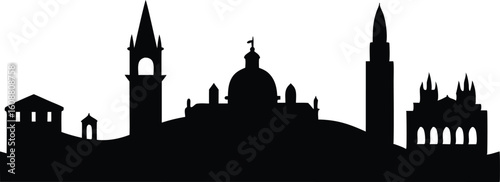 Venice Italy Skyline Silhouette at Sunset, Silhouette of Venice Skyline with Canal and Gondola Vector Illustration