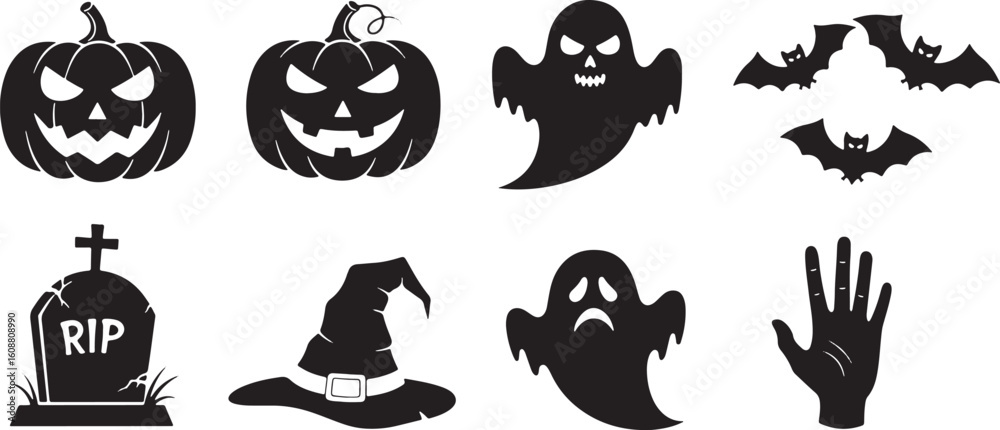 Fototapeta premium Halloween icons spooky creatures and symbols pumpkin, halloween, pumpkin, jack o lantern, ghost, bat, tombstone, witch hat, rip, spooky, scary, black, white, illustration, graphic, design, holiday, ce