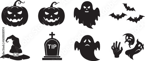 Halloween icons spooky creatures and symbols ghost, halloween, spooky, ghost, pumpkin, bat, witch hat, tombstone, creepy, scary, black, white, illustration, holiday, celebration, october, night, haunt