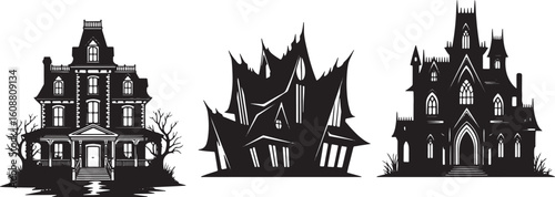 Haunted houses silhouettes spooky gothic, haunted house, spooky, gothic, victorian, architecture, silhouette, black and white, creepy, scary, old house, mansion, horror, halloween, illustration, desig