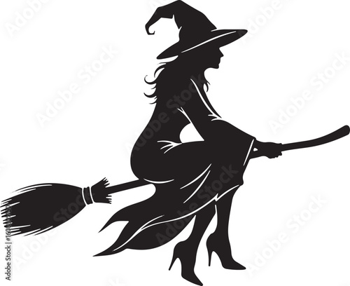 Silhouette of a witch flying on a broomstick vector, witch, silhouette, flying, broomstick, hat, dress, long hair, halloween, fantasy, magic, night, spooky, dark, black, white, vector, illustration, c