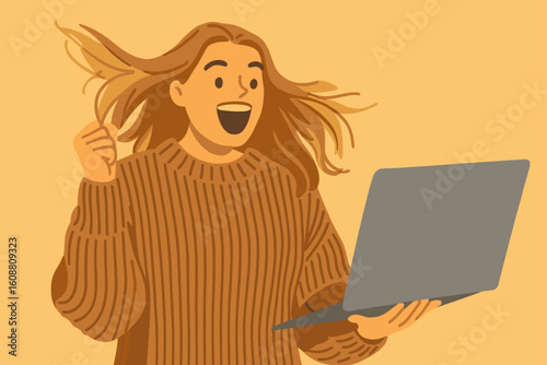 Excited Woman Reacting to Good News on Laptop – Flat Vector Illustration