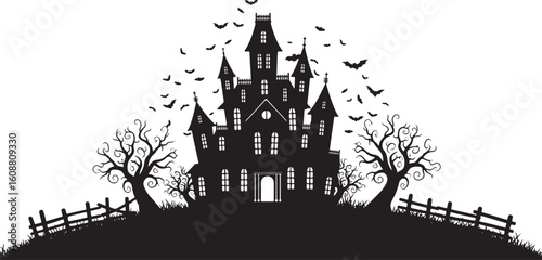 Spooky haunted mansion with bats and bare trees haunted house, haunted house, spooky, halloween, bats, night, silhouette, creepy, old house, manor, gothic, dark, scary, trees, fence, graveyard, illust