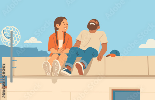 two friends relaxing and laughing together while sitting on a rooftop. A cheerful scene of connection, friendship, freedom, and good times in a casual urban setting.