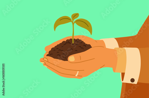 Hands Holding Soil with Young Plant – Flat Environmental Illustration