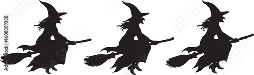 Three witches flying on broomsticks vector, witch, witches, flying, broomstick, broom, silhouette, black, white, halloween, fantasy, magic, costume, spooky, creepy, dark, night, folklore, character, i