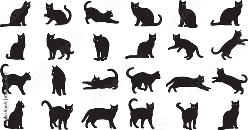 Black cat silhouettes various poses cats domestic animals, black, cats, silhouettes, domestic animals, pets, felines, sitting, stretching, lying down, standing, playful, elegant, domestic, animals