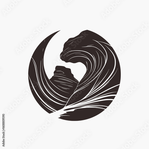 Abstract Canyon Wave Silhouette – Flowing Sandstone Formations Encircled in Minimal Oval Icon
