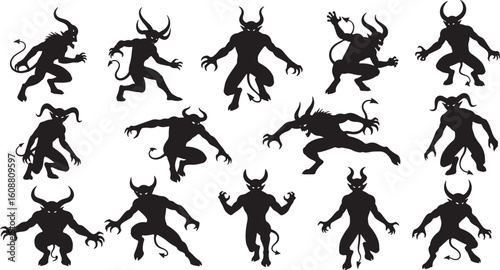 Black demonic creatures with horns and tails devil, demon, devil, monster, creature, silhouette, black, white, horns, tail, claws, menacing, aggressive, fantasy, dark, evil, supernatural, mythical, il
