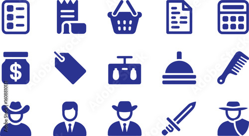 Collection of blue icons representing business finance and people vector silhouette