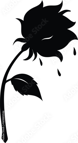 wilted flower silhouette. Dried rose isolated on white background. Realistic rose. Drawing with line art style. Dead flower Vector illustration