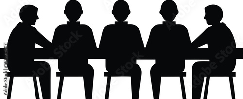 Group of people sitting around a long table, Sitting table flat silhouette vector. a group of six people sitting around a long table.
