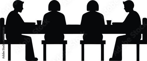 Group of people sitting around a long table, Sitting table flat silhouette vector. a group of six people sitting around a long table.
