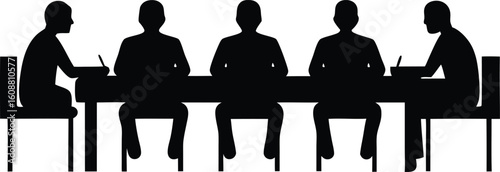 Group of people sitting around a long table, Sitting table flat silhouette vector. a group of six people sitting around a long table.
