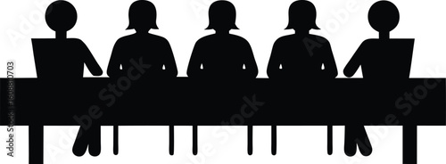 Group of people sitting around a long table, Sitting table flat silhouette vector. a group of six people sitting around a long table.
