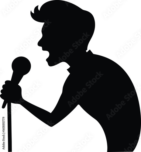 Silhouette of a male vocal quartet singing in suits. silhouette of a man singing with a microphone Vector illustration

