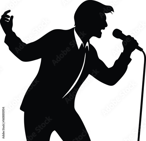 Silhouette of a male vocal quartet singing in suits. silhouette of a man singing with a microphone Vector illustration


