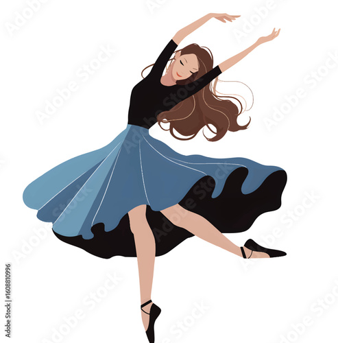 Graceful Dancer's Performance: A beautifully illustrated dancer, gracefully executing a ballet pose, radiating elegance and poise in a dynamic illustration.