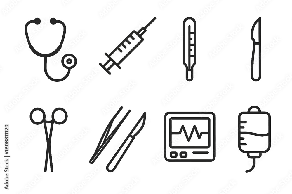 Fototapeta premium A minimalist medical-themed line icon set featuring a stethoscope, syringe, thermometer, scalpel, medical scissors, tweezers, ECG monitor, and IV bag. Simple, flat design
