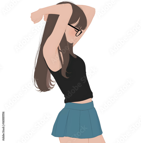 Stylish Casual: A serene depiction of a fashionable individual, donned in a modest ensemble, enjoying a calm moment. The aesthetic blends simplicity with a touch of elegance.