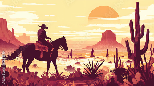 Lone Rider in the Sunset: An evocative illustration captures a silhouette of a cowboy astride his horse against the backdrop of a desert landscape at sunset.
