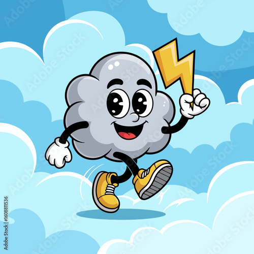 A cheerful cloud character running joyfully, holding a lightning bolt, symbolizing energy and positivity amidst a bright sky filled with soft clouds and vibrant colors.