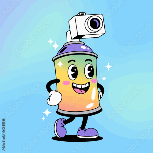 An animated spray can character adorned with a camera on top, showcasing a fun and colorful design that reflects creativity, art, and a playful approach to street culture.