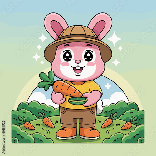 A charming bunny dressed as a farmer stands proudly in a lush garden, holding a fresh carrot, embodying a sense of joy and the wholesome connection to nature.