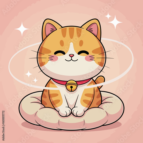 This adorable feline sits with a cheerful expression, radiating happiness in a stylized cartoon format, making it a delightful piece for cat lovers and art enthusiasts alike.