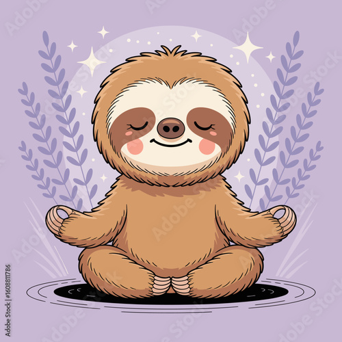 A serene sloth character sits cross-legged, meditating peacefully with a smile, surrounded by gentle leaves and a calming purple backdrop, radiating tranquility and contentment.