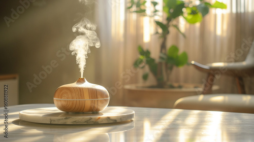 Aromatherapy diffuser emitting a stream of steam in a sunlit room