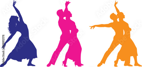 Colorful dance silhouettes, modern couple performance, expressive poses, ballroom elegance, artistic motion, isolated white background