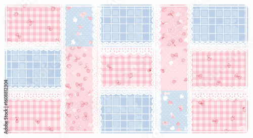 Pastel Gingham Patchwork with Lace and Strawberry Accents
