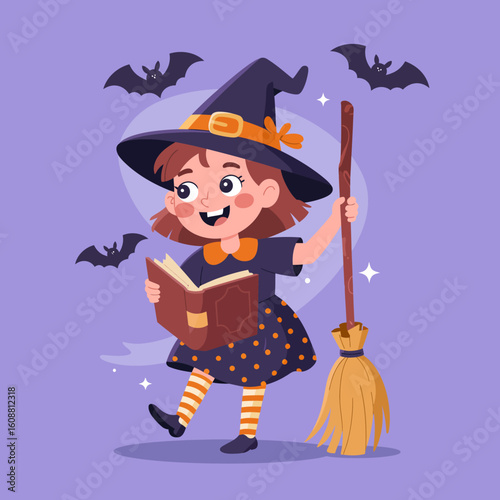 A joyful child dressed as a witch holds a book while standing with a broomstick and bats flying around, representing a playful take on Halloween festivities for children.