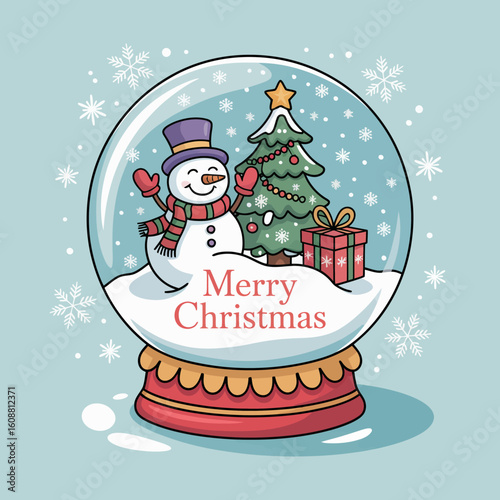A beautifully illustrated snow globe showcases a cheerful snowman surrounded by Christmas gifts and a tree, symbolizing joy and festivity during the holiday season.