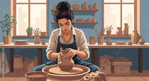 Woman shaping clay on a pottery wheel in a workshop filled with various ceramic pieces and tools