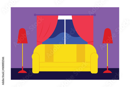Yellow Sofa Lilac Curtains Landscape View Red Lamp