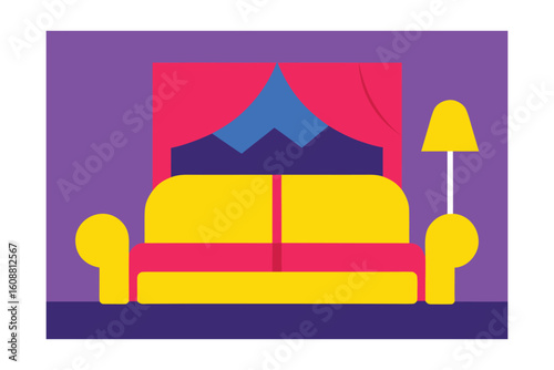 Yellow Sofa Lilac Curtains Landscape View Red Lamp
