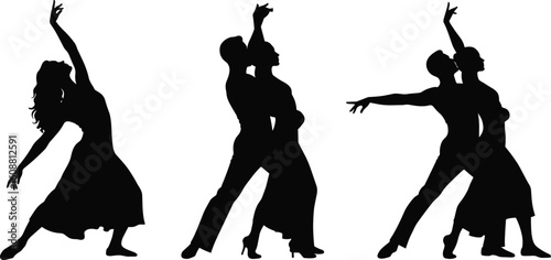 Dance couple silhouette, elegant performance pose, romantic dancers in motion, ballroom style, expressive movement, white background